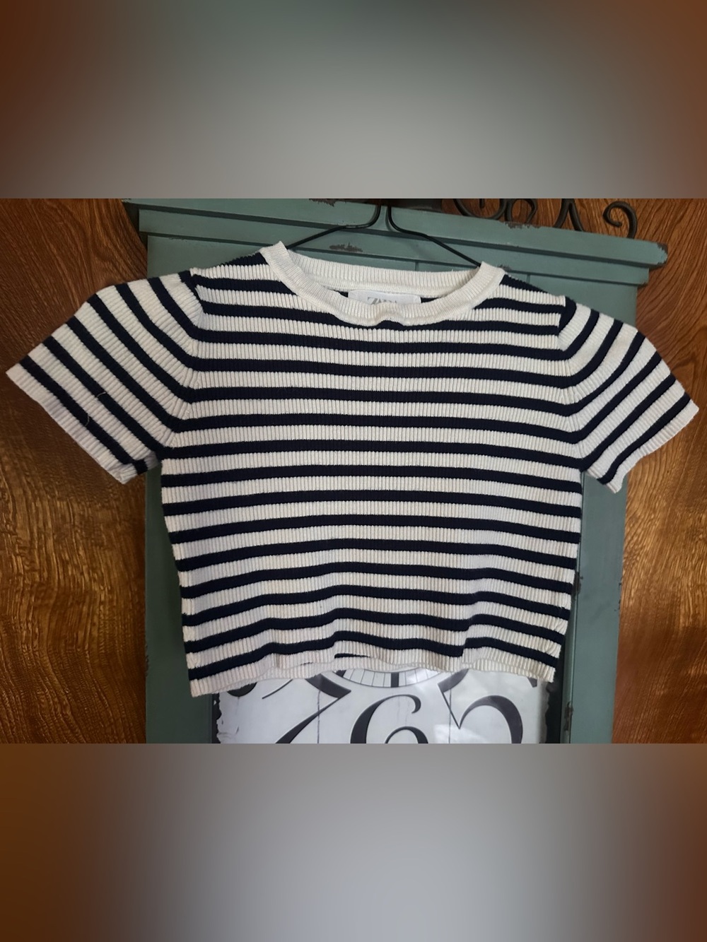 Zara Navy and White Striped Ribbed Crew Sweater